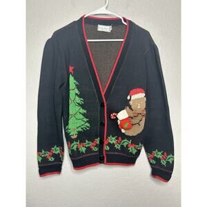 Vintage Christmas Teddy Bear Grandma Sweater Button 90s Cottagecore Medium